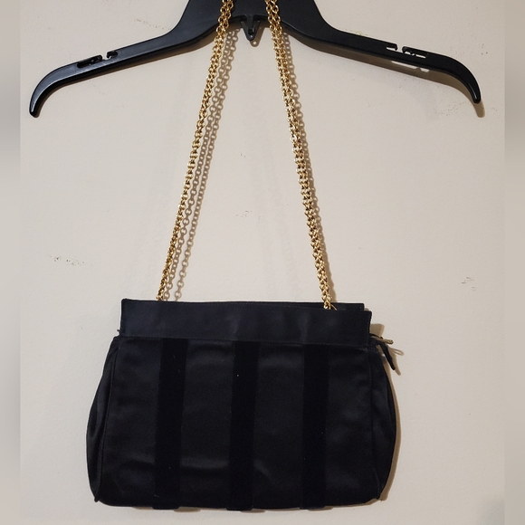 Vintage Italian Black Evening Bag Velvet Satin 80s Clutch Double Chain Gold - Picture 2 of 10